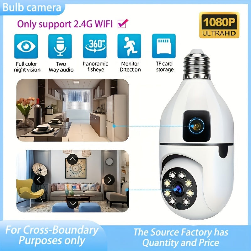 New: "Introducing the 1pc Panoramic Light Bulb Security Camera with Dual Camera technology. This E27 WiFi camera is perfect for home and outdoor surveillance, compatible with smartphones and featuring smart motion detection and two-way audio