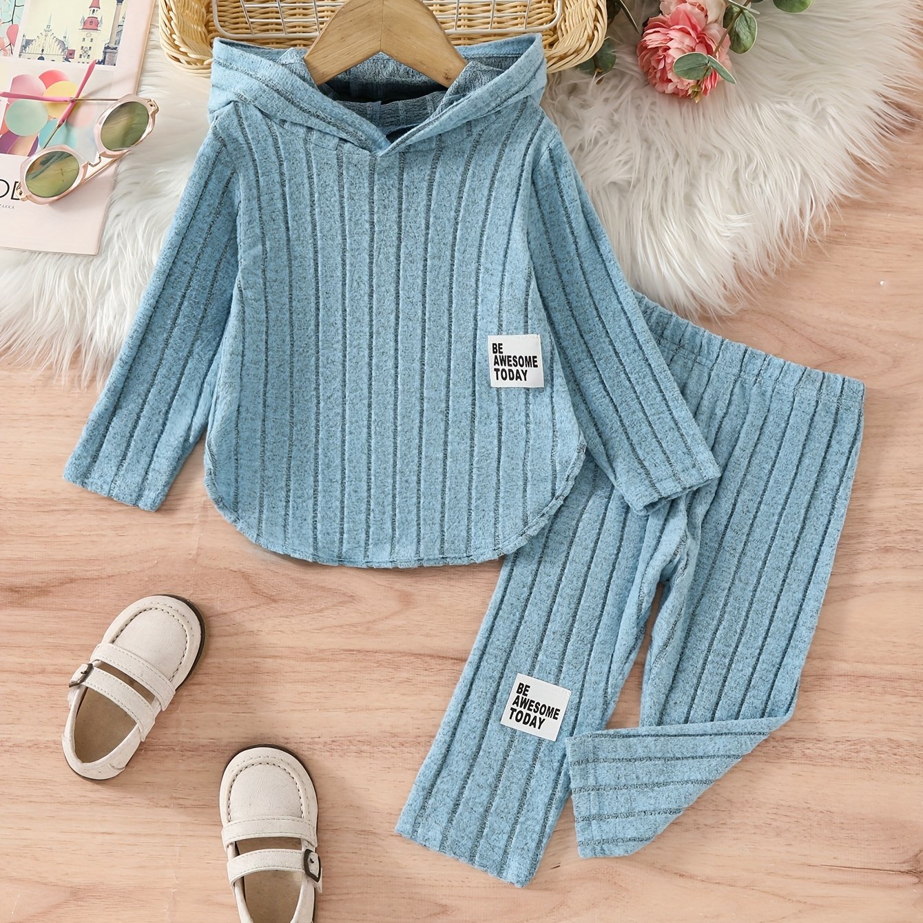 Chic striped hooded pants set for girls 12 and under, perfect for outdoor activities in spring and fall.