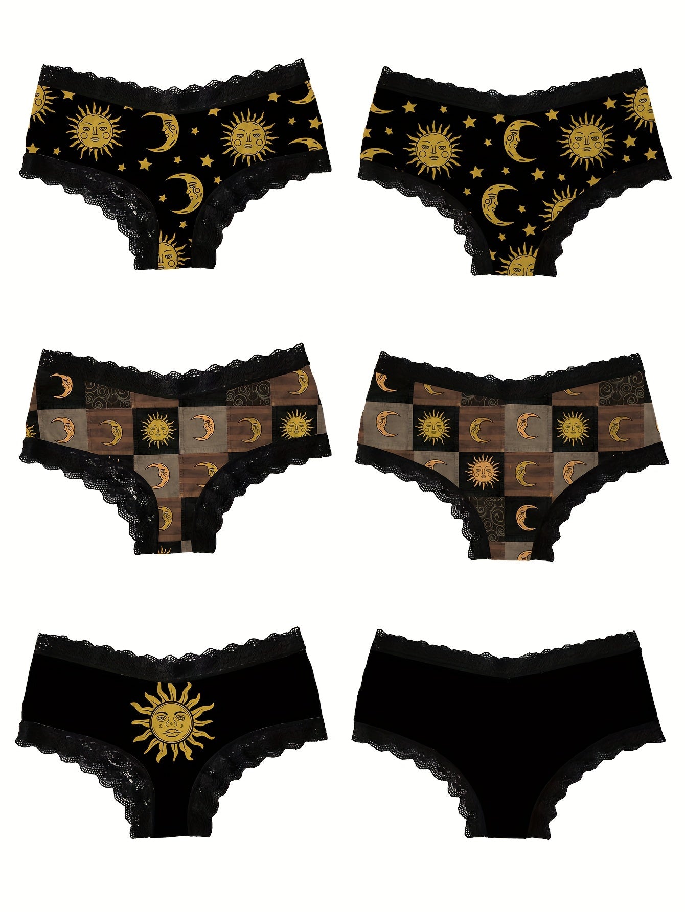 Moon & Sun Print Lace Trim Briefs - Comfy, Breathable, Stretchy Intimates for Women