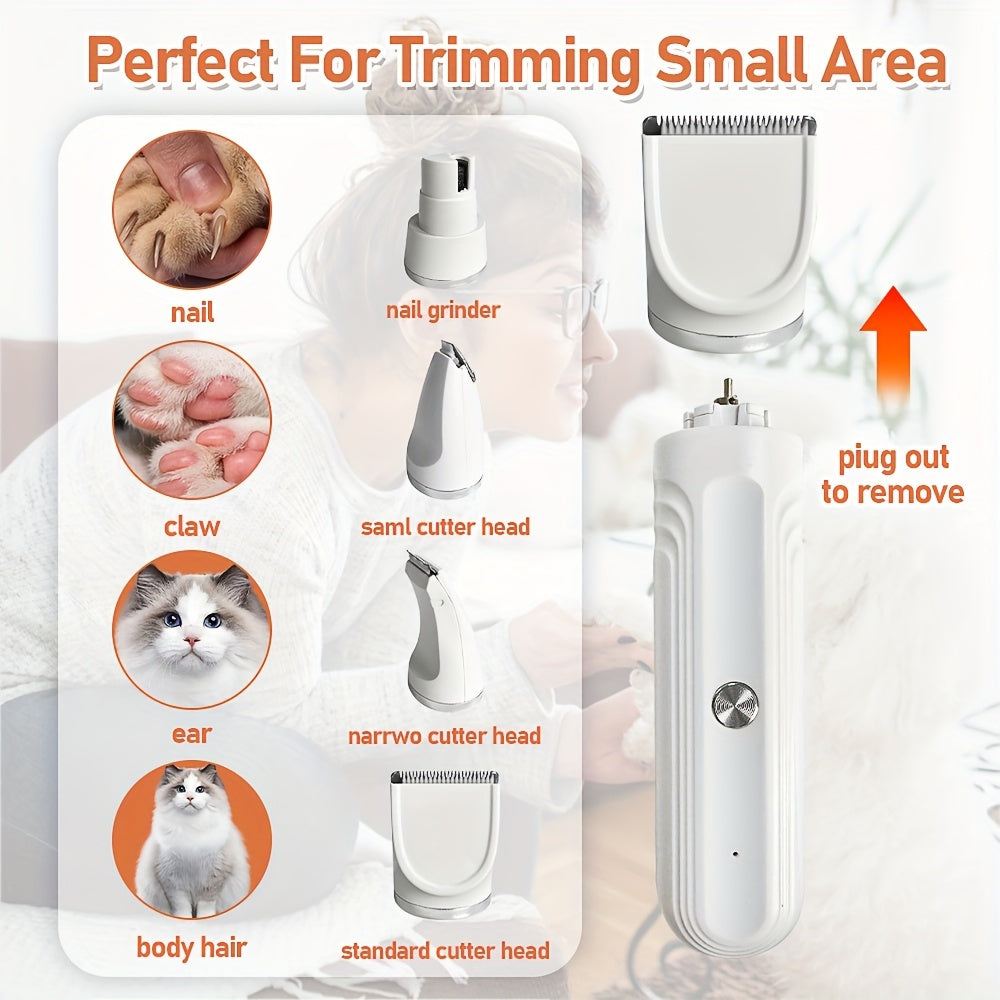 PetPro 4-in-1 Rechargeable Pet Grooming Kit for Cats & Small Dogs - Dual power electric clipper, nail trimmer, foot razor with Lithium 18650 Battery.