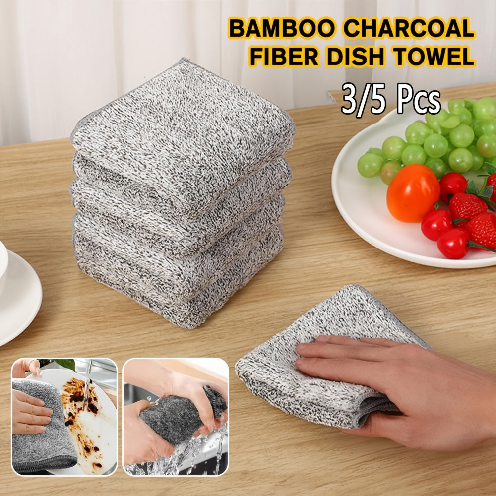 Gray Bamboo Charcoal Fiber Dish Towels, Pack of 3/5 - Highly Absorbent, Fine Knit Fabric, Grease-Resistant Microfiber Cleaning Cloths for Kitchen, Bathroom, Living Room - Modern Space Theme, Contemporary Design.