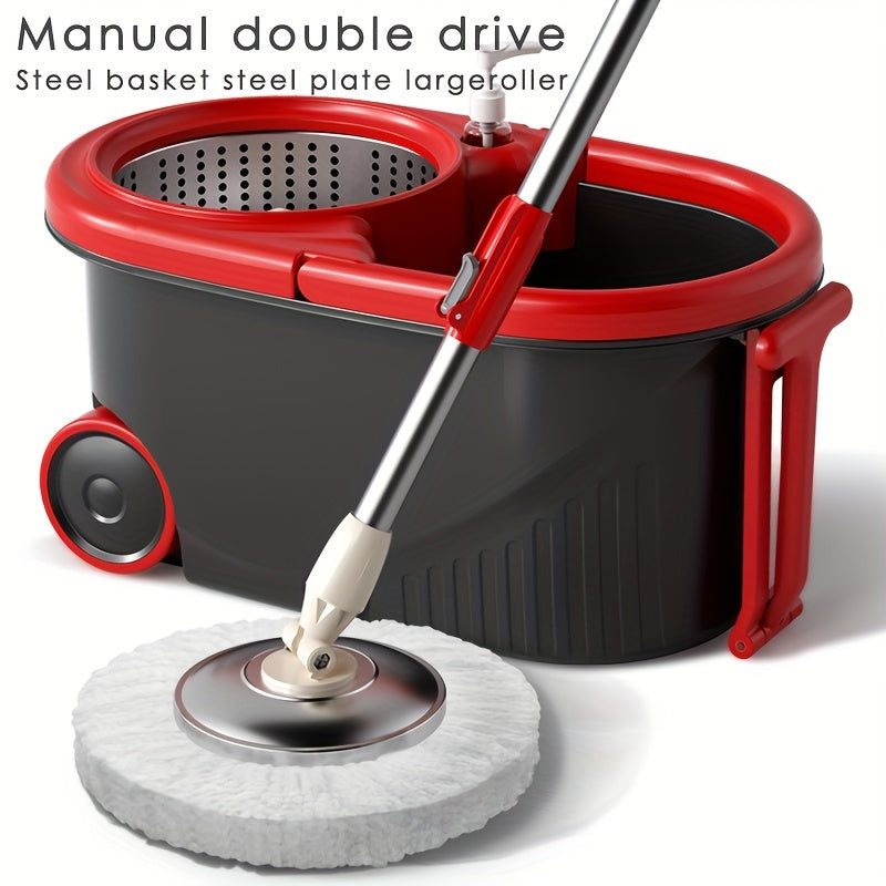 MOPPDUS Manual Double Drive Hand-Free Mop with Steel Basket and Plate - Multifunctional Rotating Mop for Kitchen, Bathroom, Living Room, and Toilet. No Electricity Required. Made of Durable Plastic.