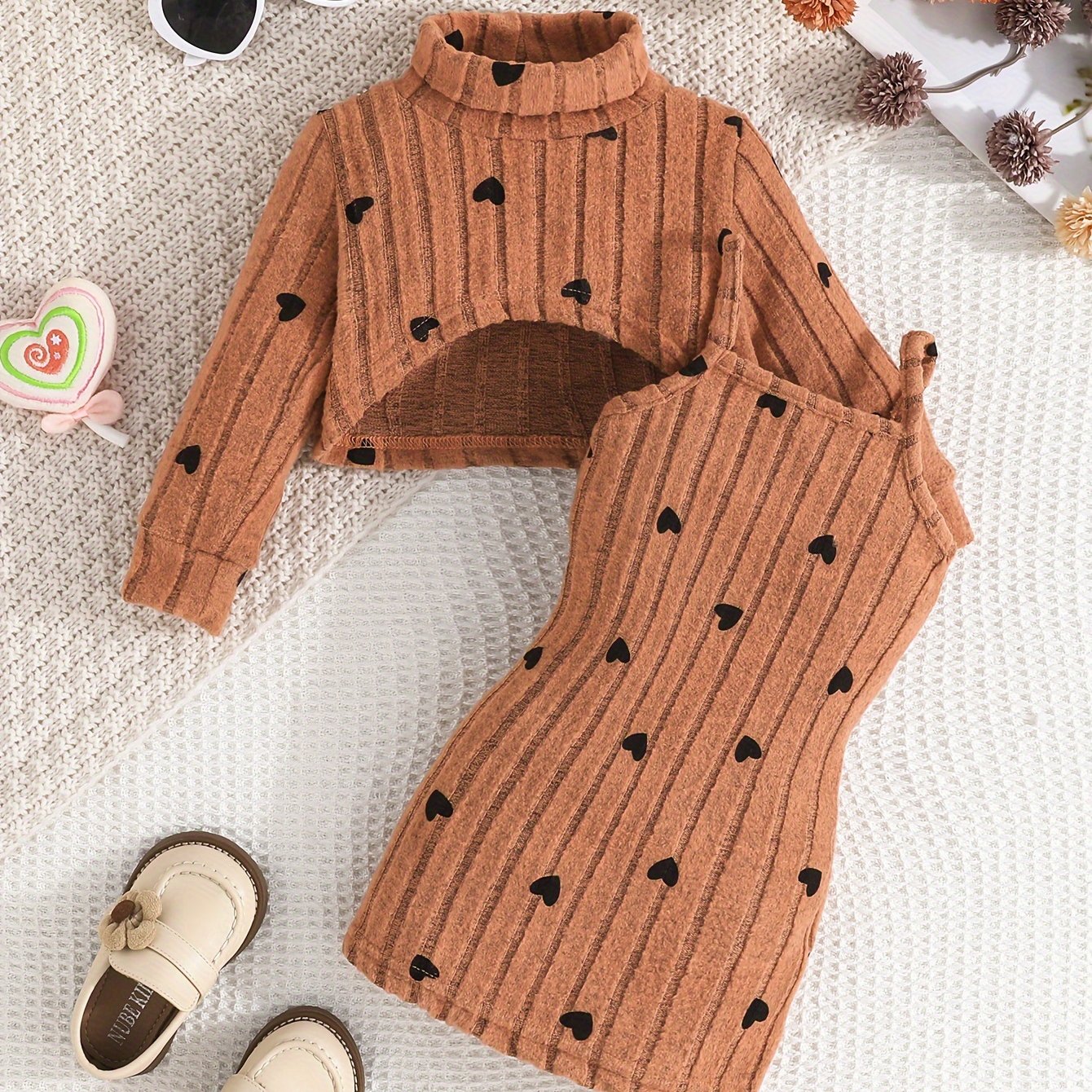 Baby Girl Outfit Set: Rib Knit Dressy Style with Geometric Pattern. Includes Long Sleeve Top with Heart Print and Slim Fit Camisole Dress Combo made of Polyester & Spandex. Perfect for