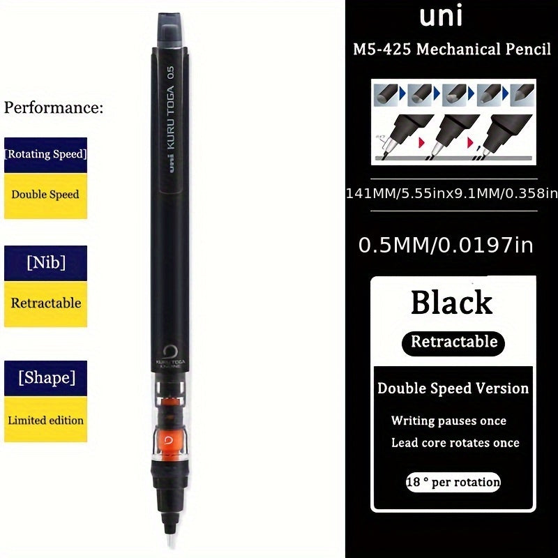 KURUTOGA Erasable Mechanical Pencil M5-452, 0.5mm HB Lead, Rotating Action for Smooth Writing - Perfect for Daily Office Use