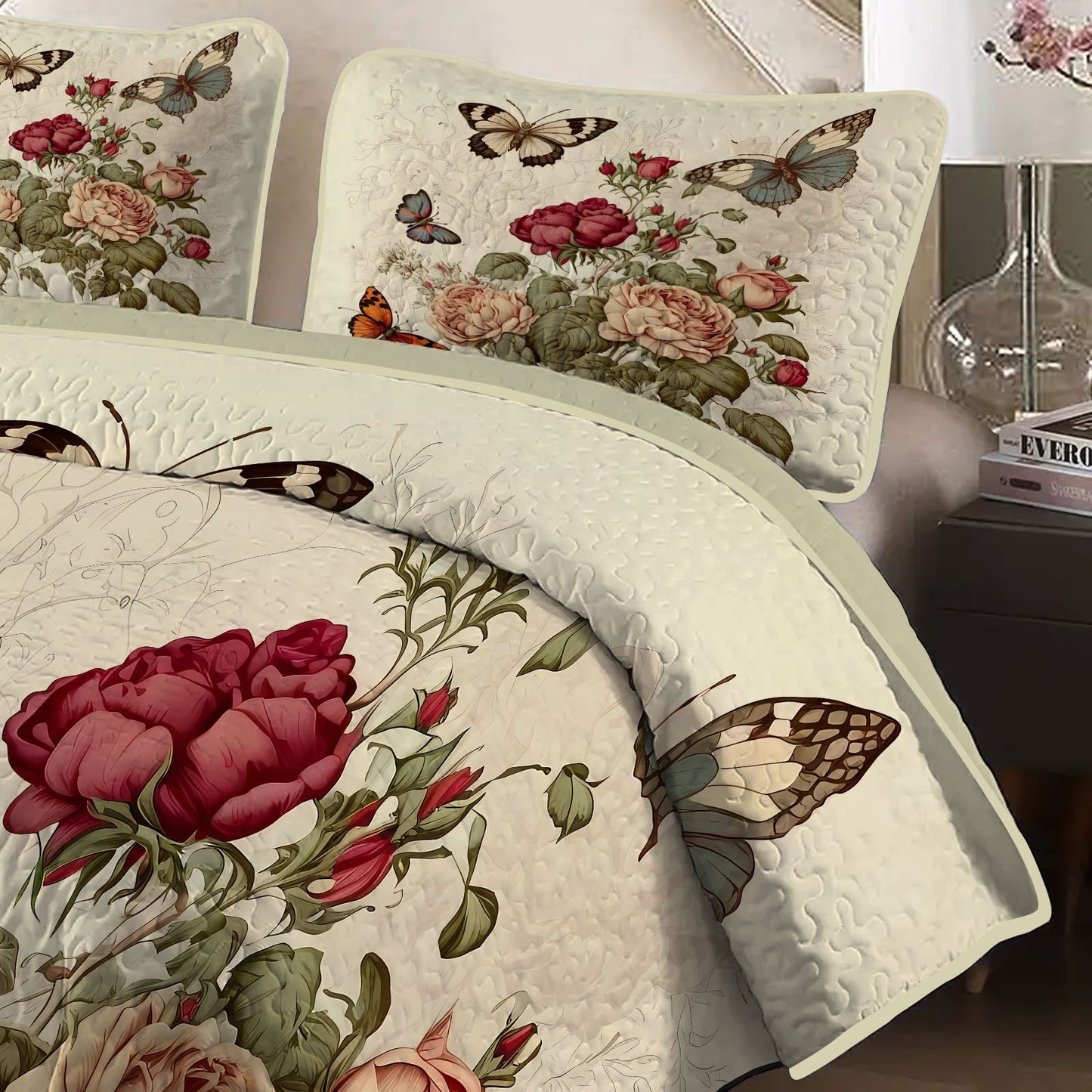 Rose & Butterfly Print Bedding Set - 3pcs Quilt Cover and Pillowcase Combo, Soft Polyester, Machine Washable - Ideal for Bedroom Decor