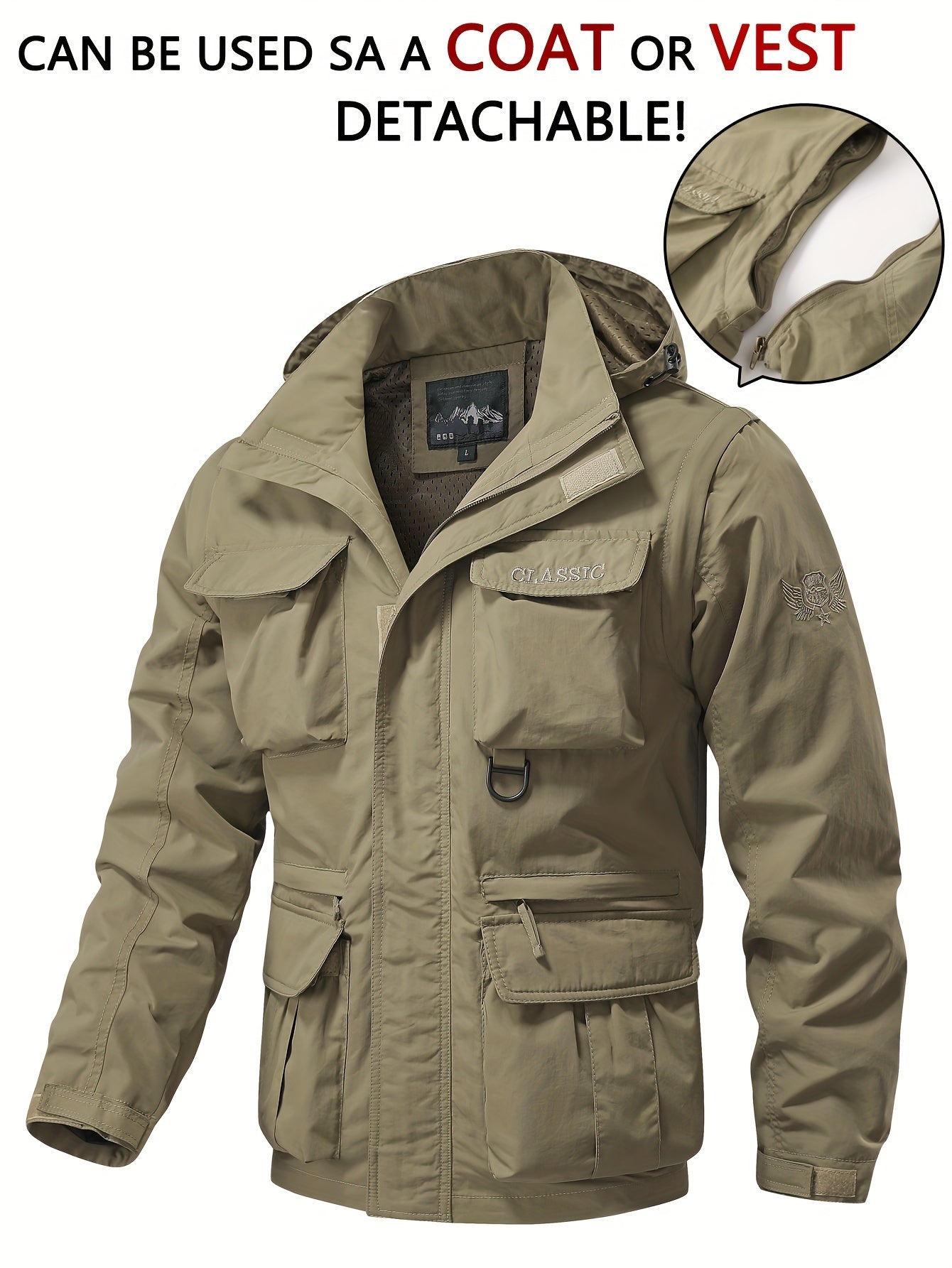 Men's Detachable Windbreaker Hooded Jacket with Multi Pocket Cargo Vest for Outdoor Activities.