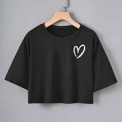 Versatile heart pattern women's t-shirt, ideal for casual or sporty wear in all seasons. Made of machine washable polyester in black with round neck and short sleeves.