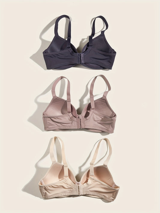 3 Simple Solid T-Shirt Bras: Comfy, Breathable Push Up Style for Women's Lingerie