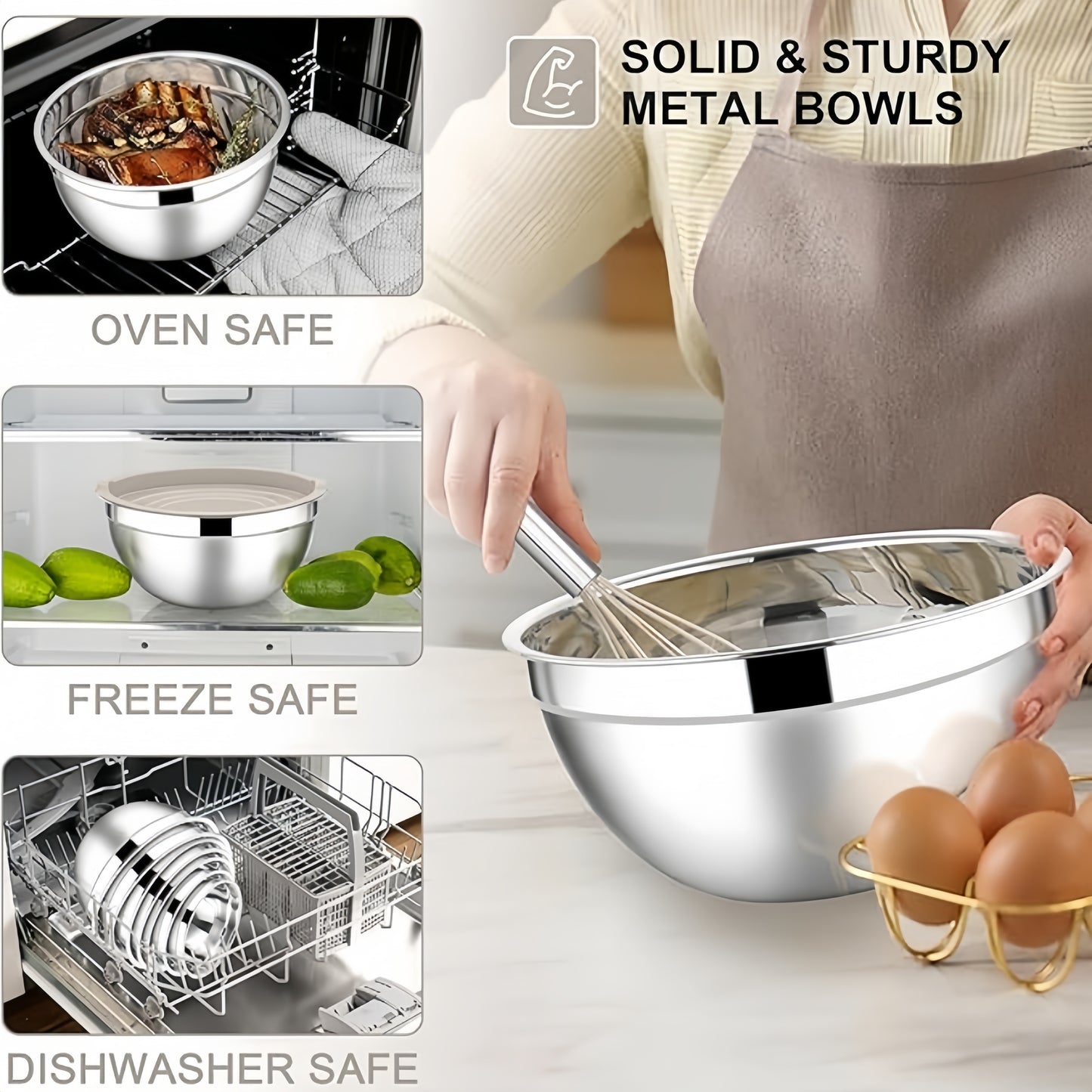 14-piece stainless steel mixing bowl set with sealed lids for food storage and meal prep. Ideal for salads, kitchen gadgets, and accessories.