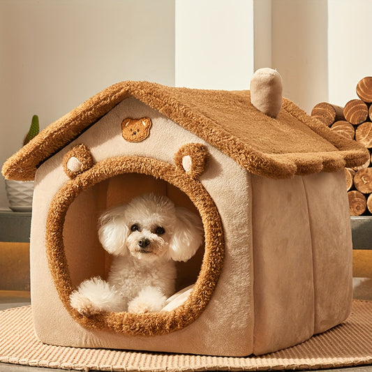 Soft and cozy plush cat house with adorable bear design. Ideal for cats and small dogs. Warm and comfortable, beige/brown color scheme. Cute and stylish bed for pets.