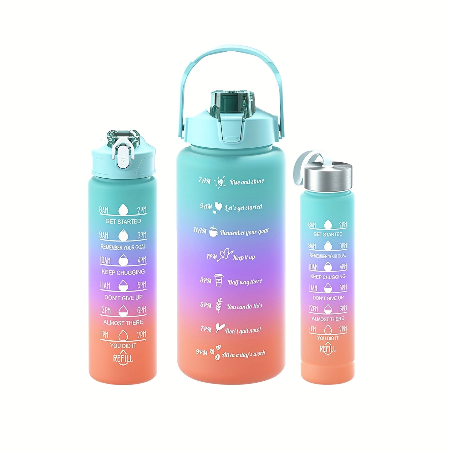 2L/70oz Gradient Water Bottle Set, BPA-free, leak-proof with time marker, straw, and lockable lid - perfect for camping, fitness, and home use. Hand wash only, lightweight, PVC-free.