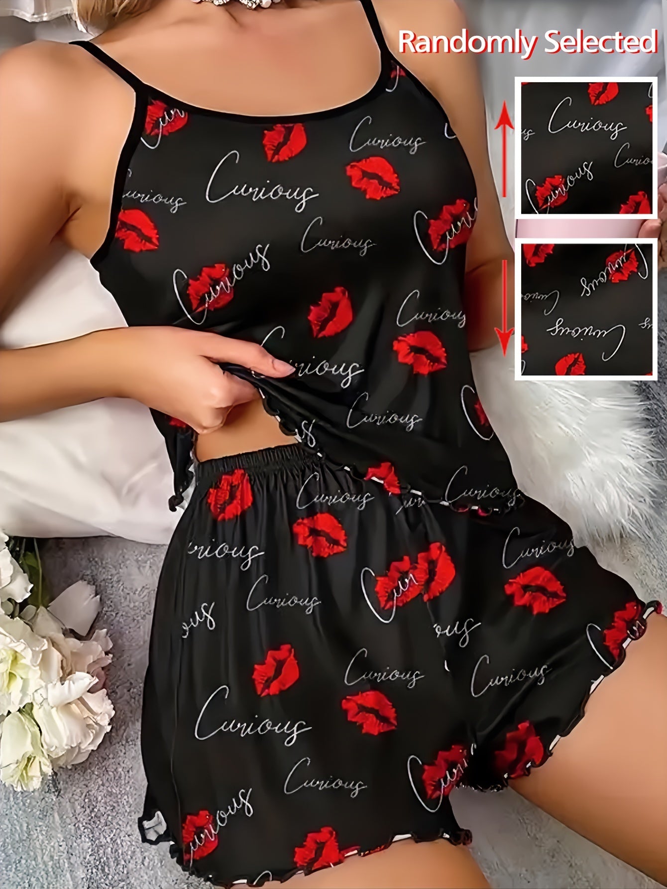 Valentine's Day pajama set with red lips and letters print, crop cami top, shorts. Women's sleepwear.