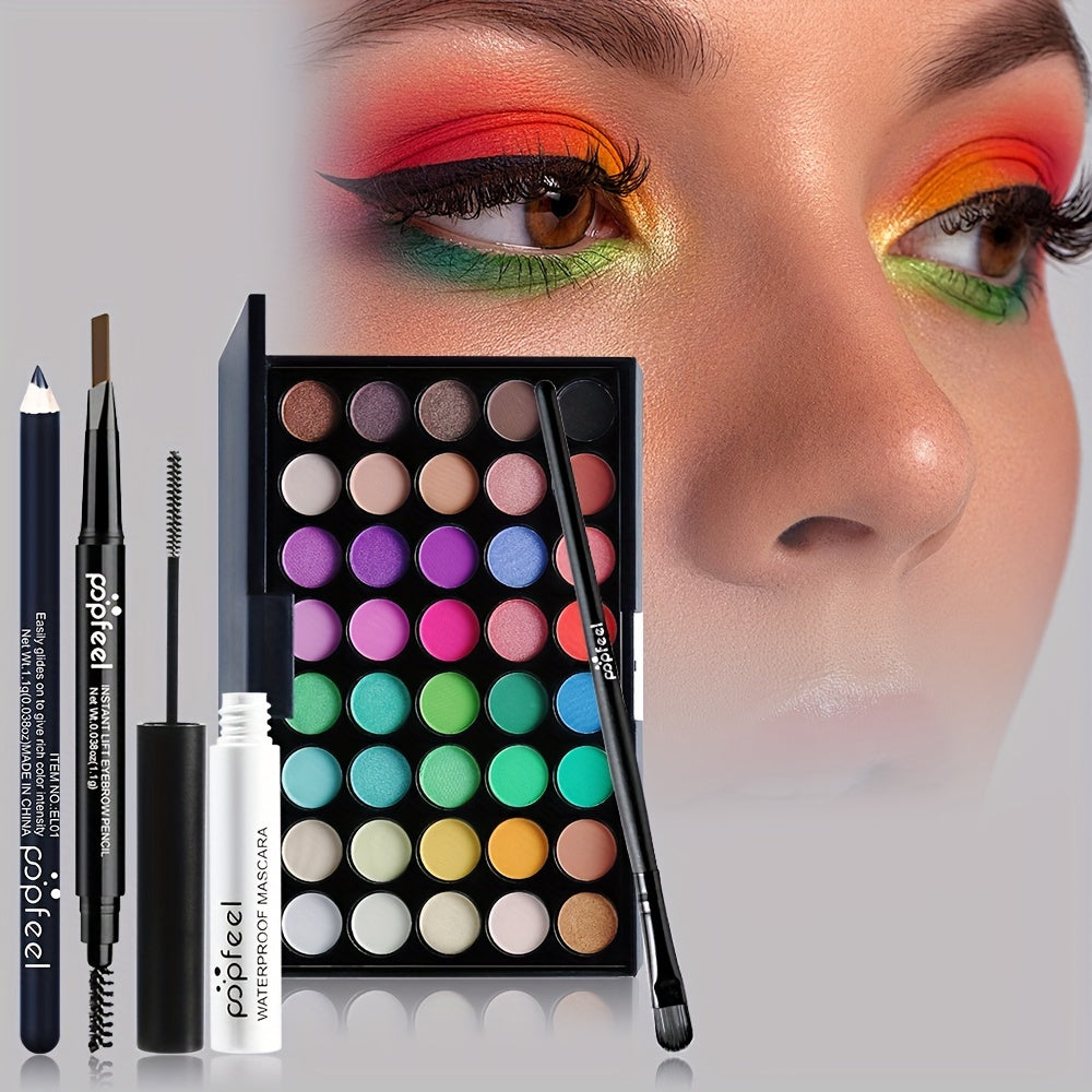 POPFEEL 40-Color Eyeshadow Palette Set in Black Tones with Brushes, Mascara - Portable Eye Makeup Kit