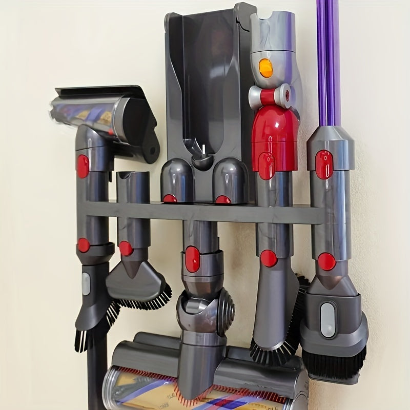 Wall-mounted vacuum cleaner head holder for Dyson V7, V8, V11, V12, V15 models. Saves space and organizes with utility hooks.