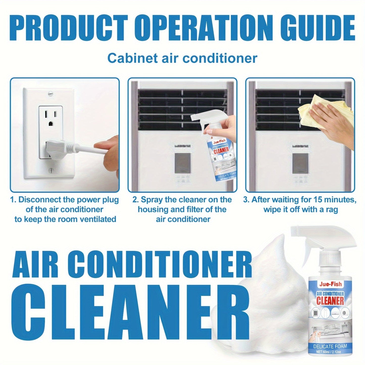 Household air conditioning and cabinet cleaner featuring a no-residue liquid formula infused with Limonene for effective decontamination and deodorization. Ideal for cleaning and creating bubble-based freshness.