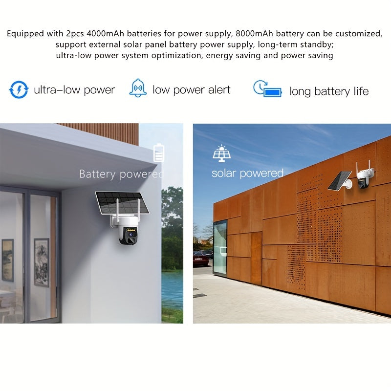 Solar-powered wireless outdoor security camera with pan-tilt 360° view, 3MP resolution, two-way talk, cloud/SD storage, color night vision, spotlight, siren, motion detection, and