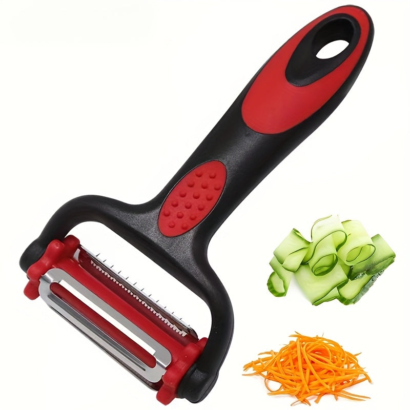 Multi-functional kitchen tool: includes a fruit and vegetable peeler, paring knife, and shredder in one convenient gadget - made from sturdy plastic material.