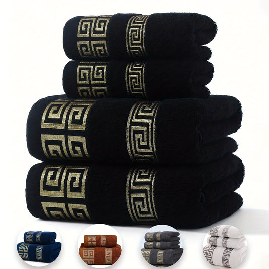 Luxurious cotton bath towel with geometric embroidery, soft, absorbent, and quick-drying. Available in two sizes: 34x75cm or 70x140cm. Black with golden stylized patterns, modern design for home or spa use.