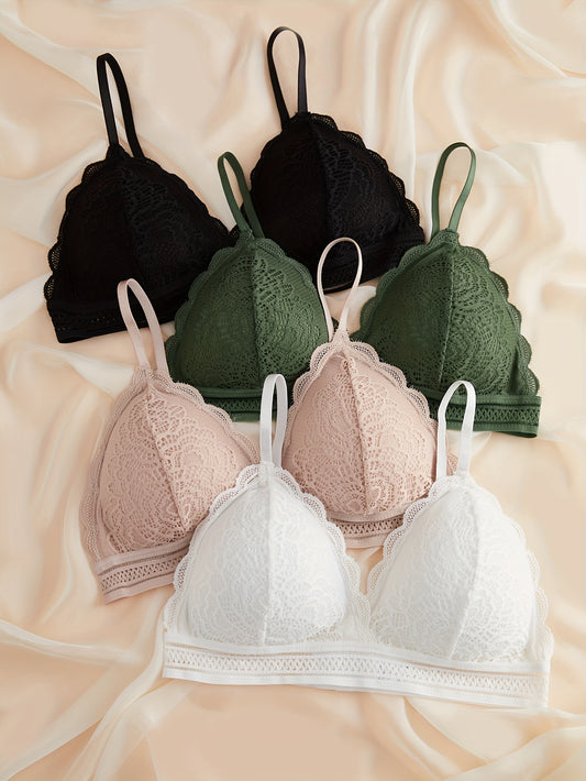 4 contrast lace wireless bras with comfy scallop trim, perfect for women's lingerie and underwear.