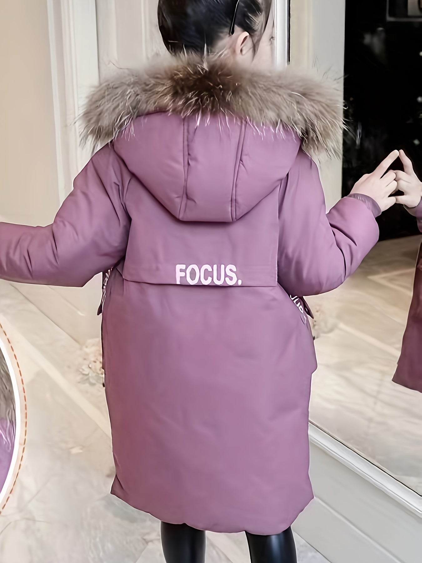 Girls' Elegant Winter Parka with Faux Fur Trim, Alphabet Pattern, Zipper Placket, Dipped Hem, Raglan Sleeves - Perfect for Skiing & Outdoor Activities.