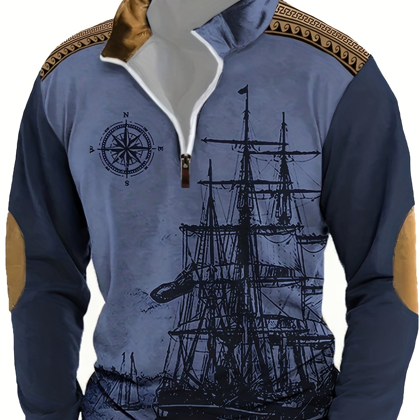 Men's vintage nautical ship print Henley sweatshirt made of 100% polyester with lapel collar, zipper detail, and loose fit. Great for fall/winter casual wear.