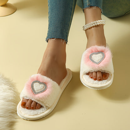 Rhinestone Heart Fluffy Home Slippers with Soft Plush Lining, Lightweight, Non-slip Floor Slippers for Winter and Autumn.