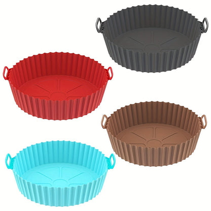 Set of 4 silicone liners for air fryer pots, suitable for 3 to 5 QT sizes. Can also be used in air fryer baskets as a replacement for flammable parchment paper. These reusable baking tray oven accessories have a top diameter of 8 inches and a bottom