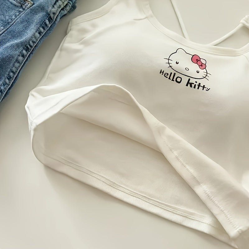 1pc Sanrio Hello Kitty Anime-Themed Sleeveless Cropped Top made of 94% Cotton and 6% Spandex, Machine Washable, White with Pink Hello Kitty Design, Perfect for Casual Summer Fashion and