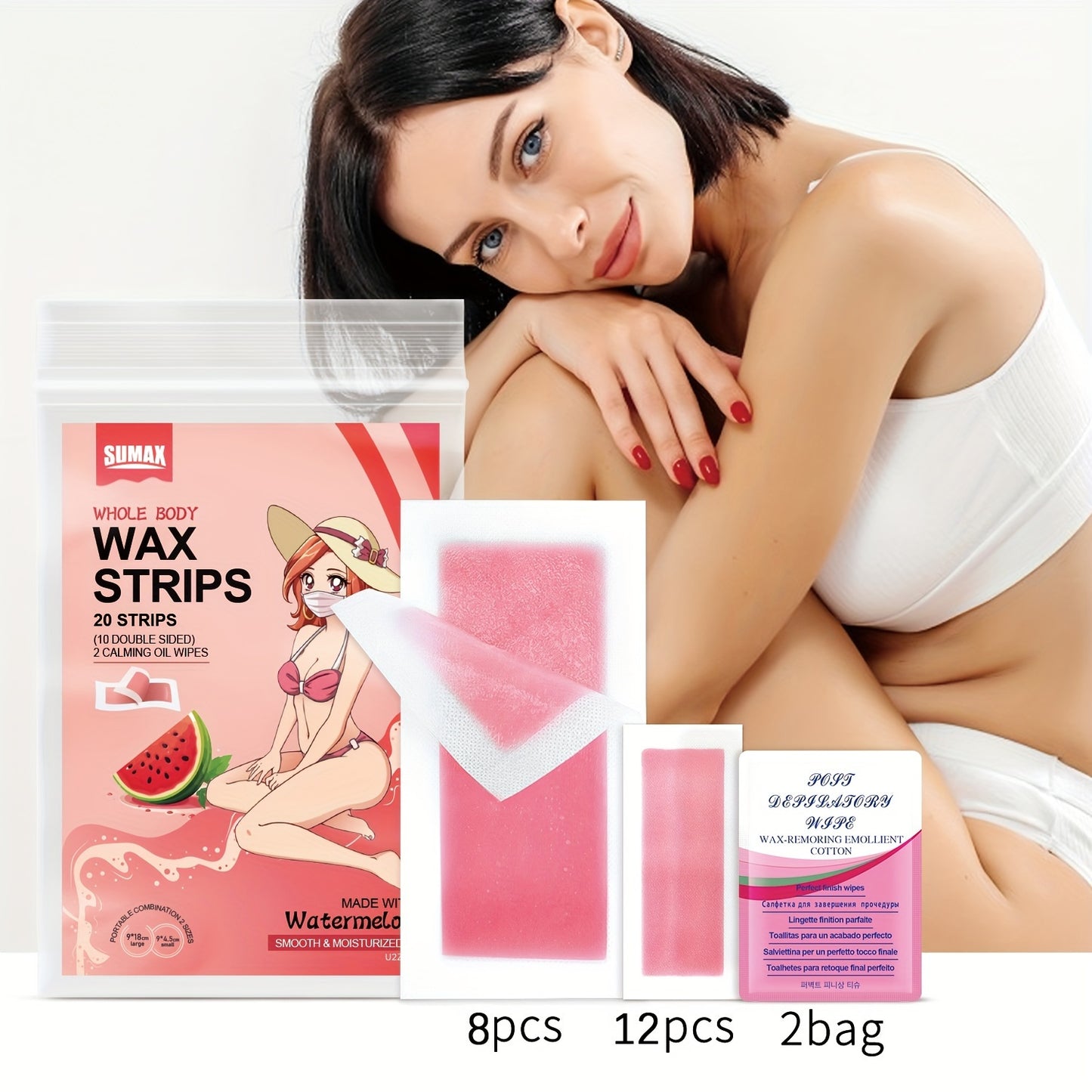 40/20 Watermelon Hair Removal Wax Paper Set with Large and Small sizes, includes Wet Wipes. Suitable for full body hair removal including armpits, legs, eyebrows, beards, and bikini area.