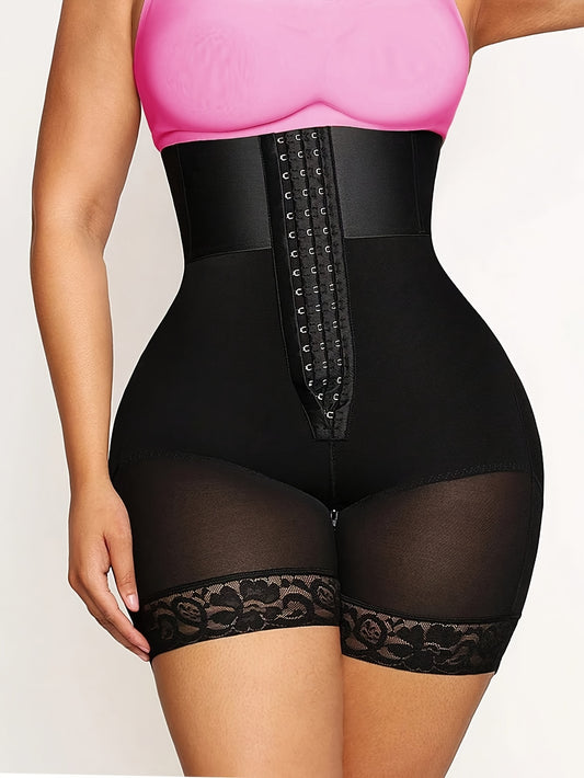 Women's lace detail shapewear shorts with adjustable high waist for tummy control and slimming effect.