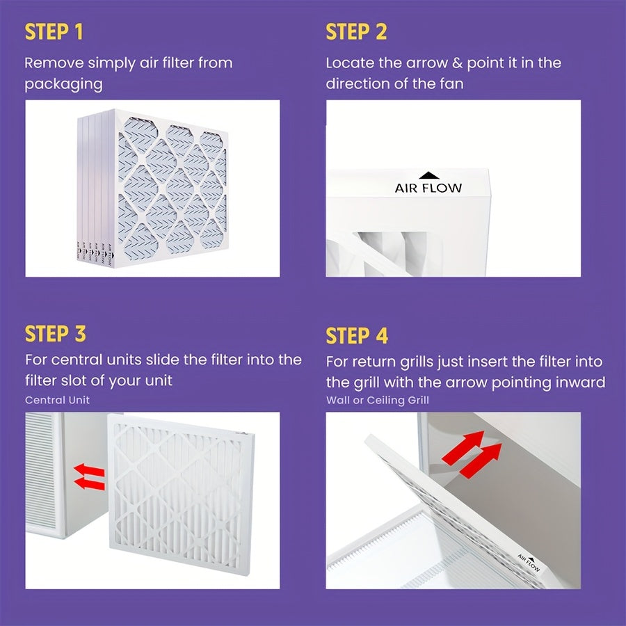 6-pack of MERV8, MERV11, and MERV13 pleated replacement air filters for AC and furnace applications in home and pet environments. Actual dimensions are 29.72cm x 29.72cm x 1.91cm.