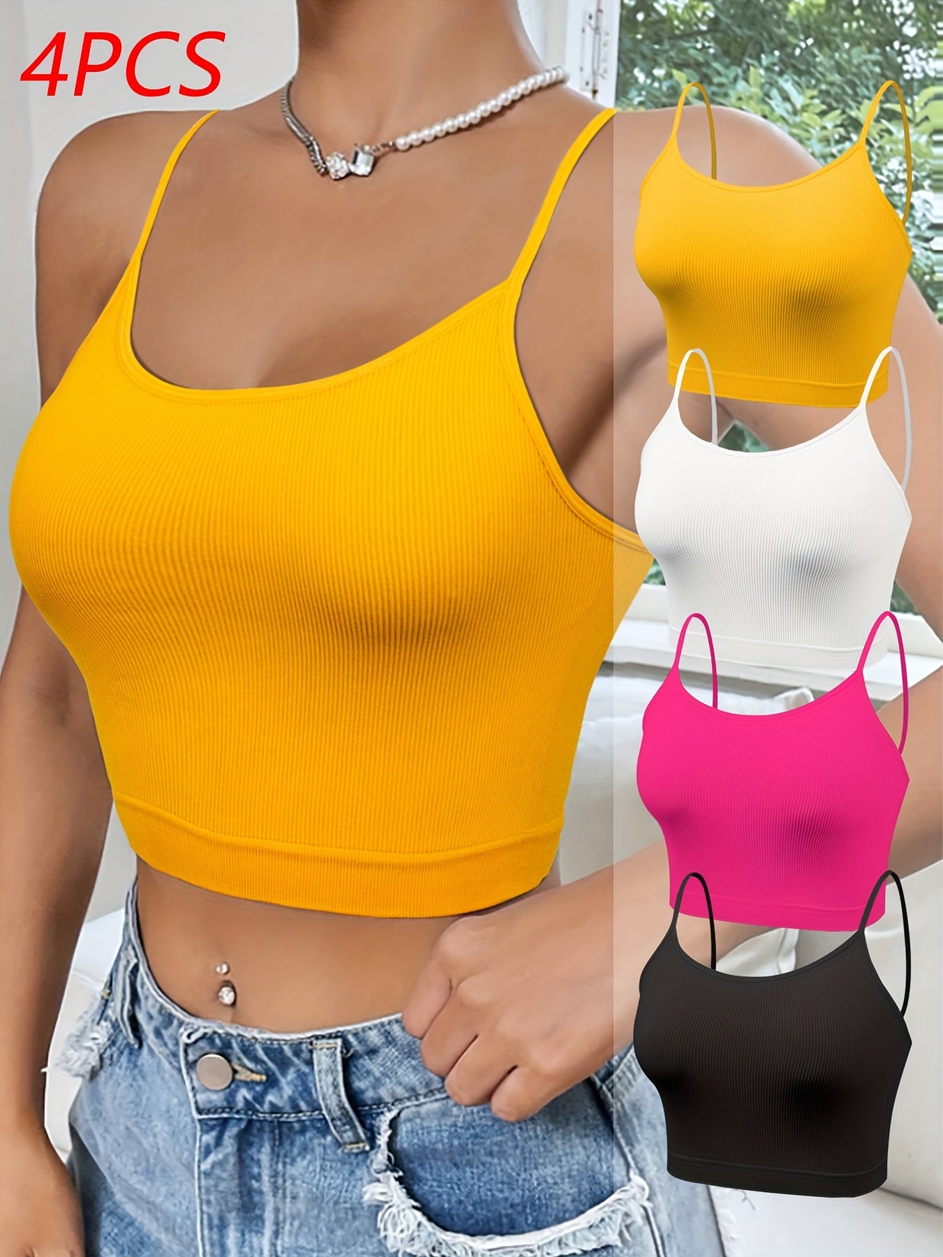 4 seamless camisole tank bras in vibrant and neutral colors made from a stretchy nylon blend are perfect for sports and leisure. They are machine washable and feature a no-pad design for