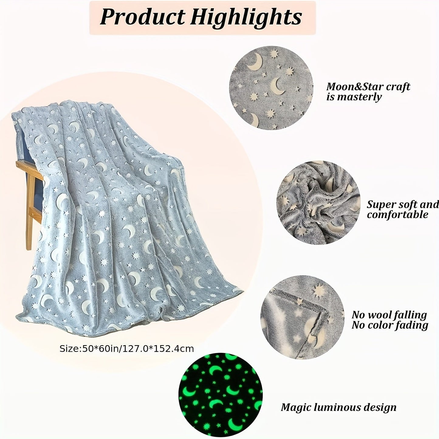 Soft, durable, and hypoallergenic, this cozy throw blanket features glow-in-the-dark stars and moons. Perfect for all seasons, it is ideal for adding a touch of comfort to your bedroom, living room, or when traveling.