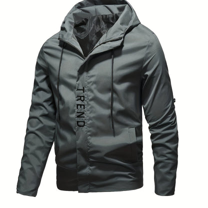 Men's all-season sports jacket with hooded zip-up design, made of 100% polyester fabric. Features embroidered details, regular long sleeves, and a lightweight 133g/m² woven fabric.