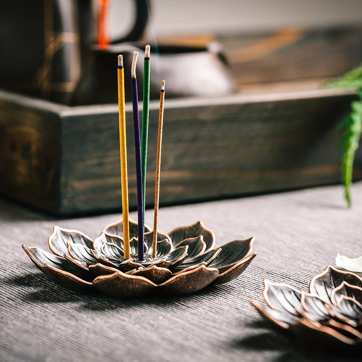 Brass lotus incense burner with ashtray, incense stick holder for European classic romance themed room decor.