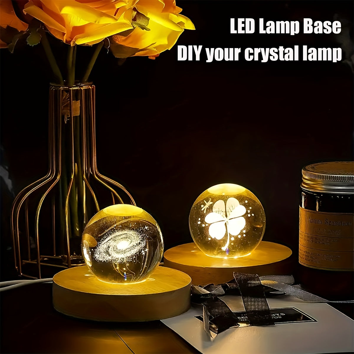 Handmade LED night light with wooden lamp holder and crystal ball base.