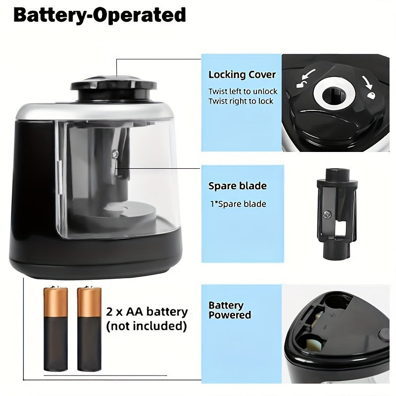 Black electric pencil sharpener with auto-stop feature, durable PP construction, fast and efficient for office use, great for winter and New Year.