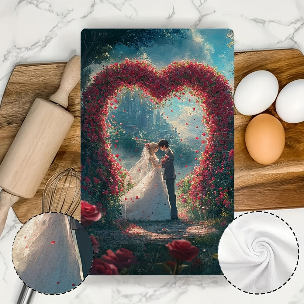 Set of 2 Kitchen Towels featuring an Anime Couple exchanging vows under a heart-shaped archway of roses. These ultra soft and highly absorbent dish hand towels are perfect for holiday decor. Machine washable and measures 16x24 inches. Code: 2KYSYS1215171