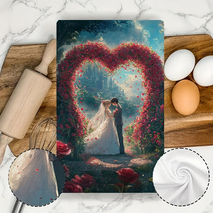 Set of 2 Kitchen Towels featuring an Anime Couple exchanging vows under a heart-shaped archway of roses. These ultra soft and highly absorbent dish hand towels are perfect for holiday decor. Machine washable and measures 16x24 inches. Code: 2KYSYS1215171