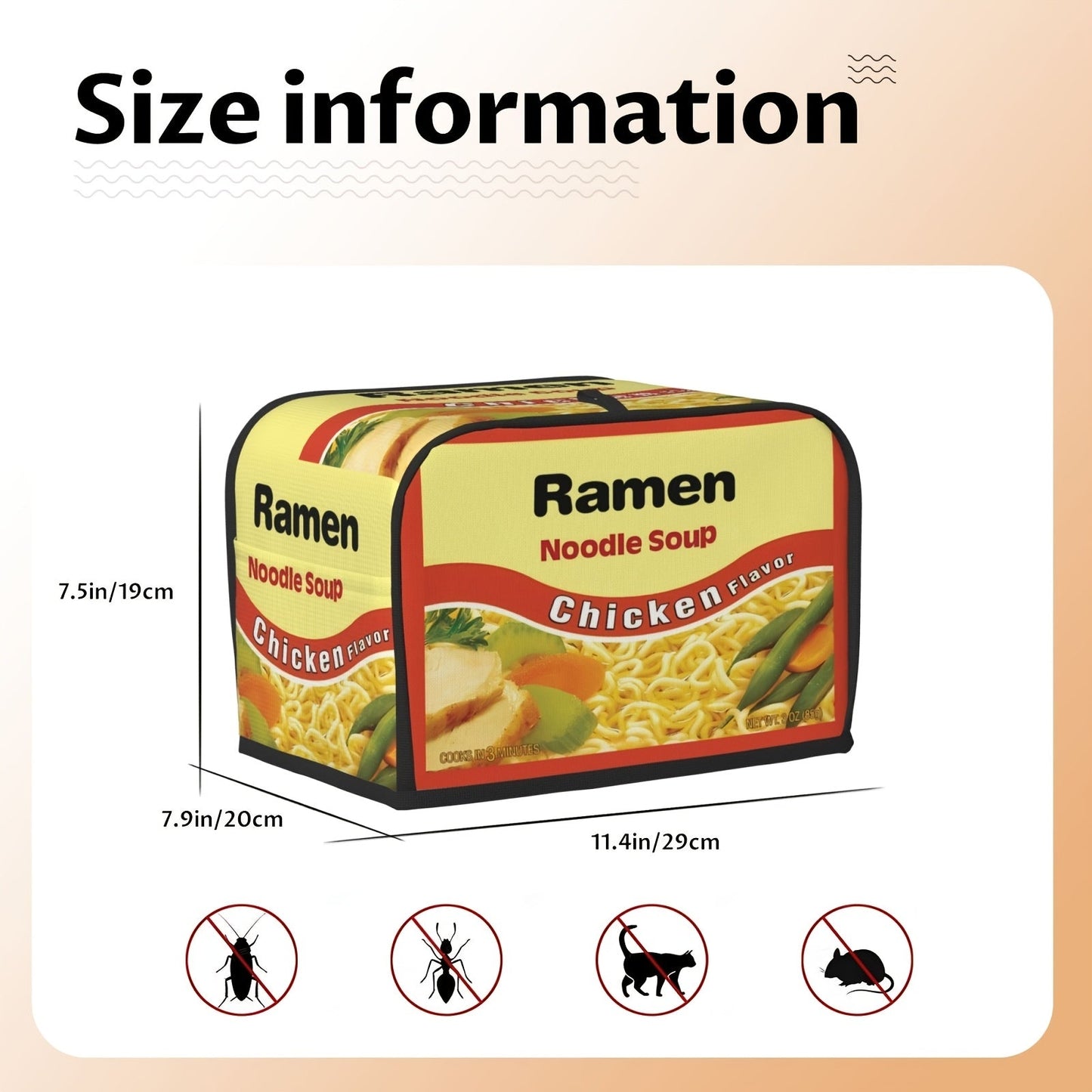 Introducing a charming ramen print toaster cover featuring beef and chicken flavors, crafted to safeguard your toaster from dust and fingerprints. This cover is conveniently machine washable and designed to fit two-slice toasters, ensuring it remains a