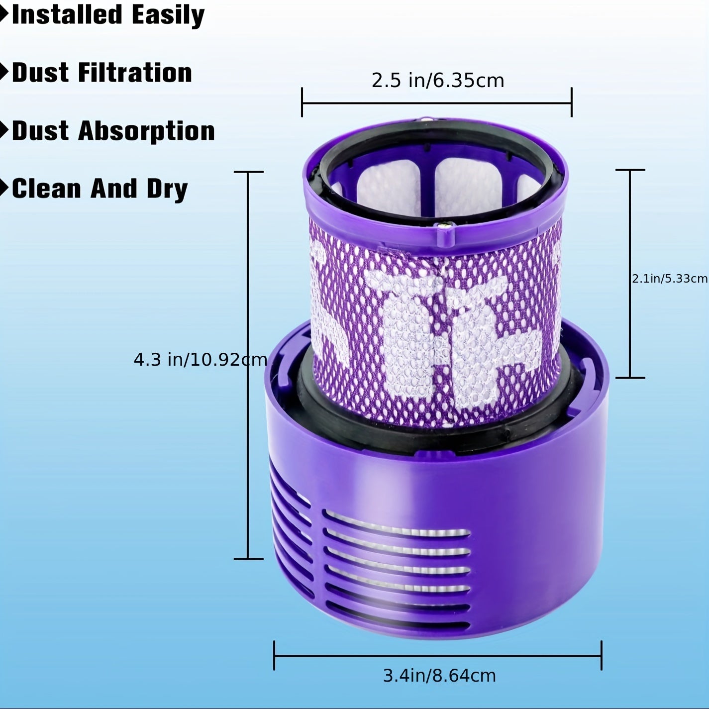 Get a pair of replacement V10 filters for Dyson Cyclone V10 vacuums, including Absolute, Animal, Motorhead, Total Clean, and SV12 models. These filters replace part # 969082-01.