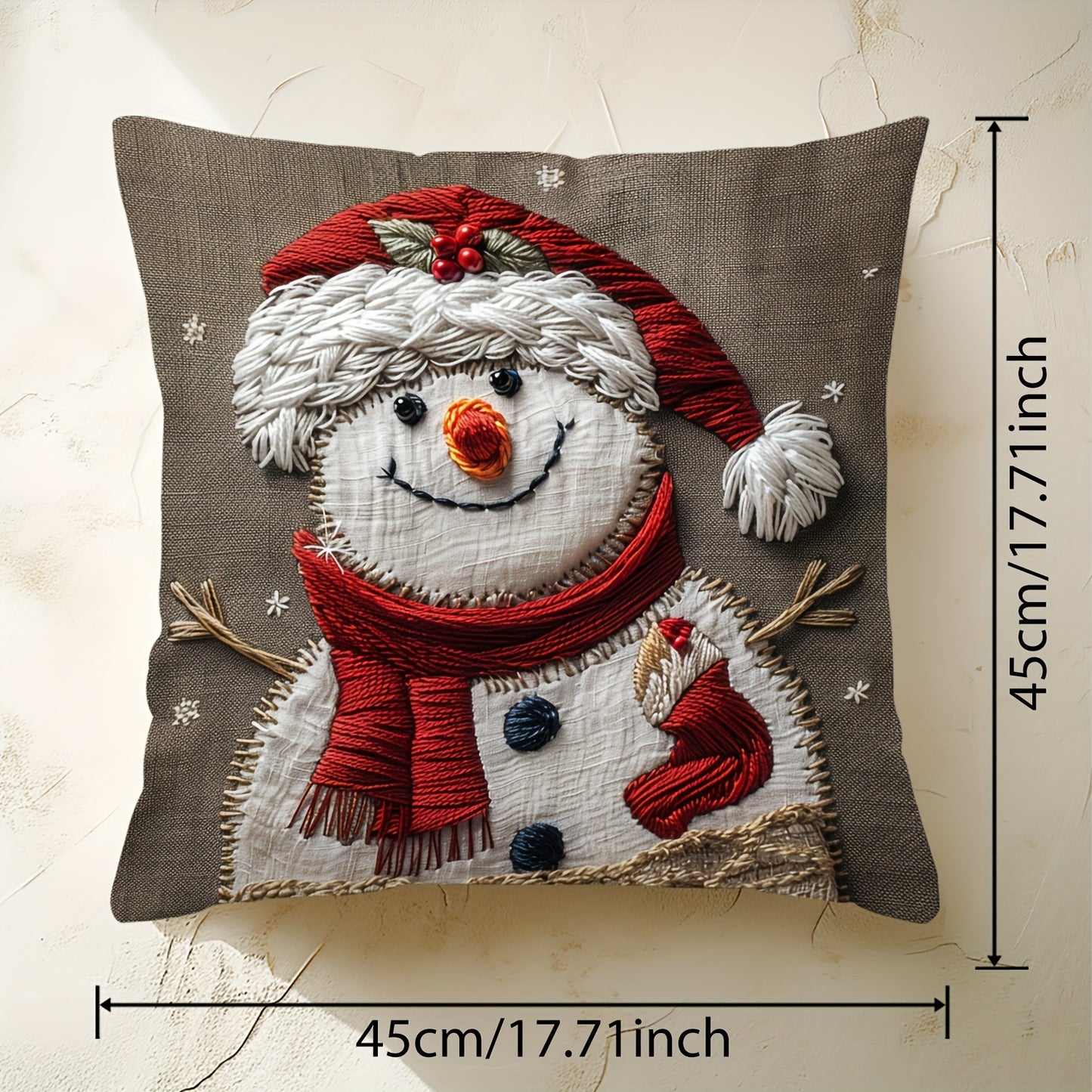 This Christmas snowman pillow cover is festive and contemporary, measuring 44.96cm x 44.96cm. It has a zip closure and should be hand washed. Suitable for decorating sofas, living rooms, and bedrooms, but does not come with a pillow insert.