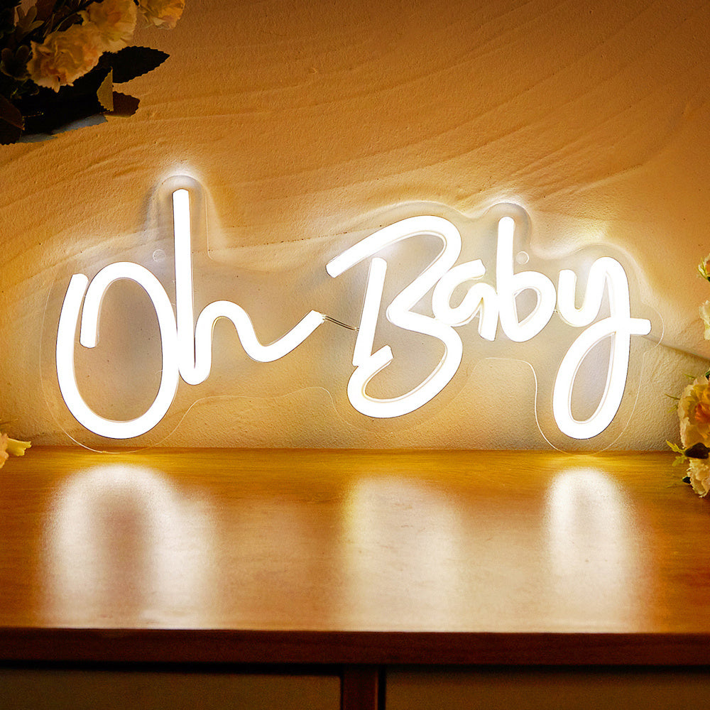 1 piece LED neon sign "Oh Baby" with switch control and USB power, no batteries needed, for bedroom wall decor.