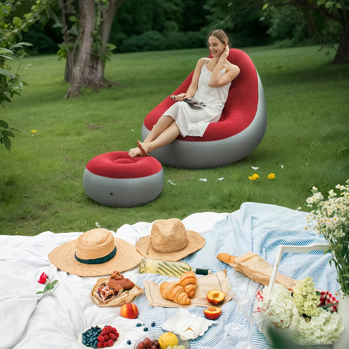 1pc Ergonomic Inflatable Plush Lounge Chair for Single Person - Portable & Foldable with Footrest, PVC Frame, Black & Beige, Ideal for Beach & Outdoor Relaxation