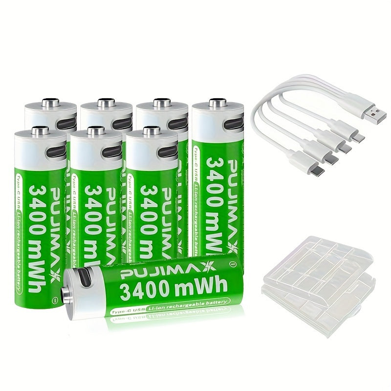 PUJIMAX 1.5V AA 3400mWh Rechargeable Batteries available in sets of 2, 4, or 8 with fast Type-C charging and long-lasting power for electronics. Features green battery design and durability.