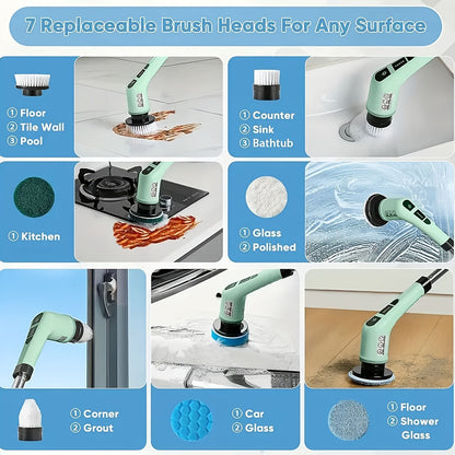 The Cordless Electric Rotating Cleaning Brush includes a battery indicator, seven interchangeable brush heads, dual speed settings, and a detachable telescopic handle, ideal for use in kitchens, living rooms, and bathrooms.