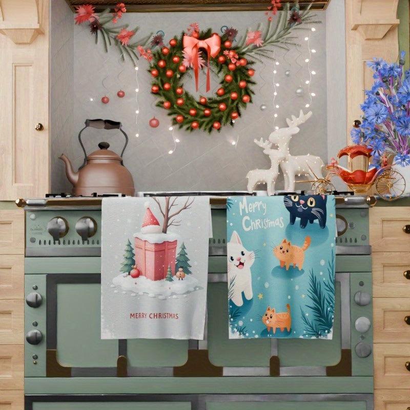 Set of 2 kitchen towels measuring 45.72X66.04 cm, great for tea time and festive Christmas décor. These towels have a soft design perfect for the winter season, making them a delightful gift for any kitchen.