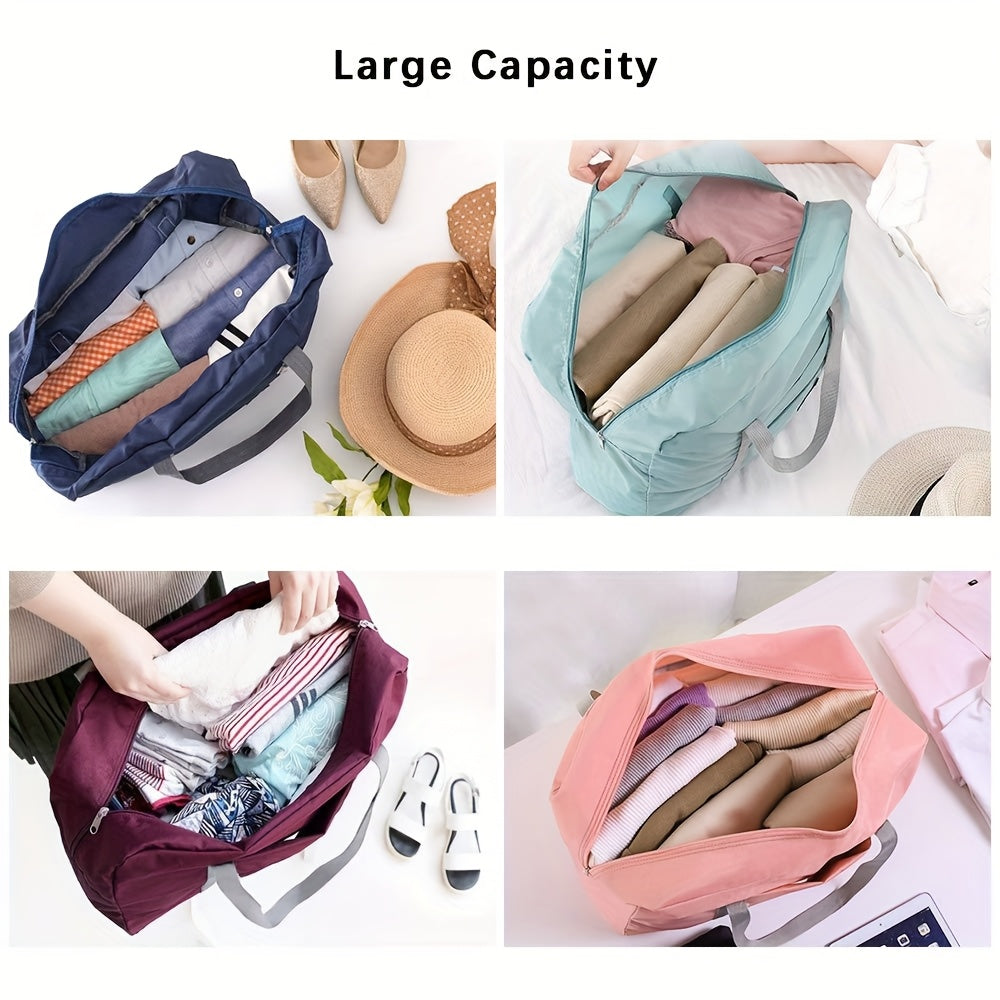 Large capacity foldable travel duffel bag set in polyester material, suitable for gym, sports, weekend trips, and bedroom organization. Hand wash or dry clean only.