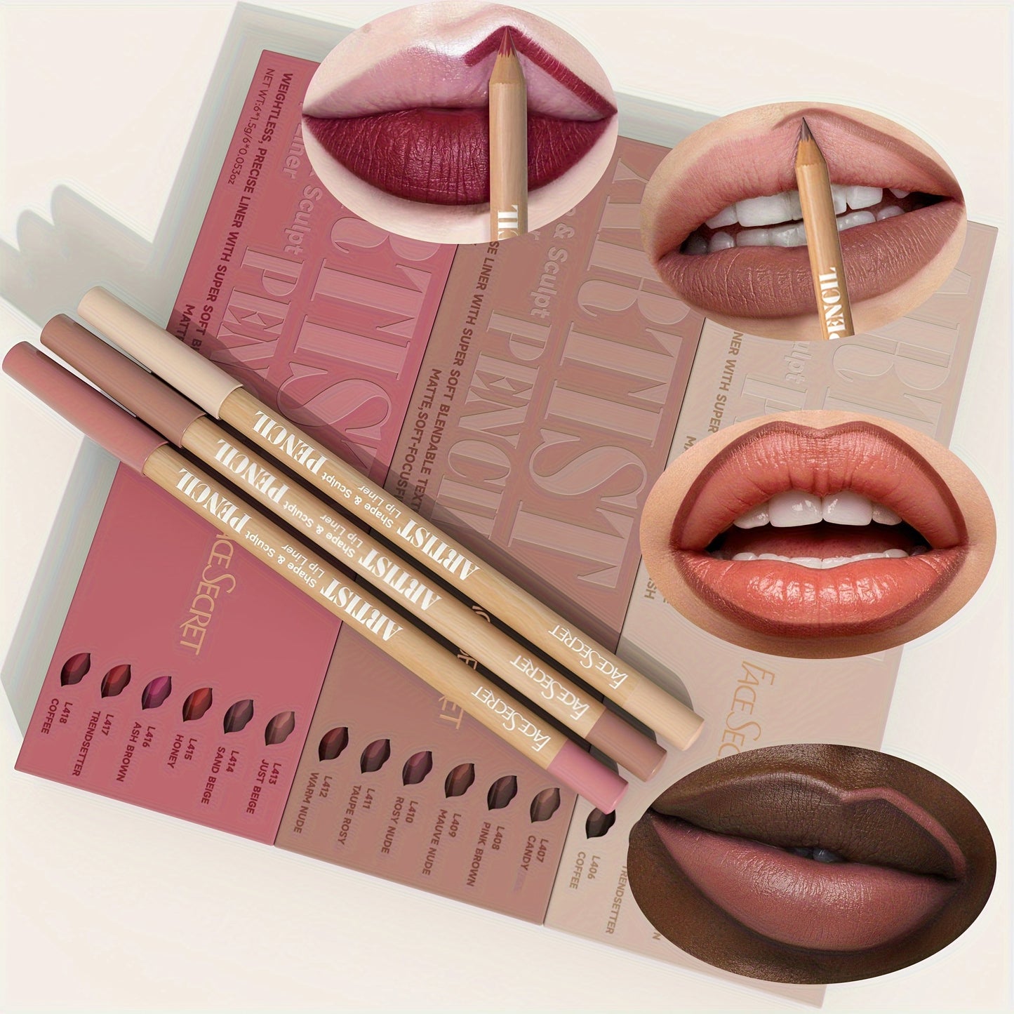 6-piece set of nude lip liners, with waterproof matte finish, long-lasting color, and easy application for daily makeup.