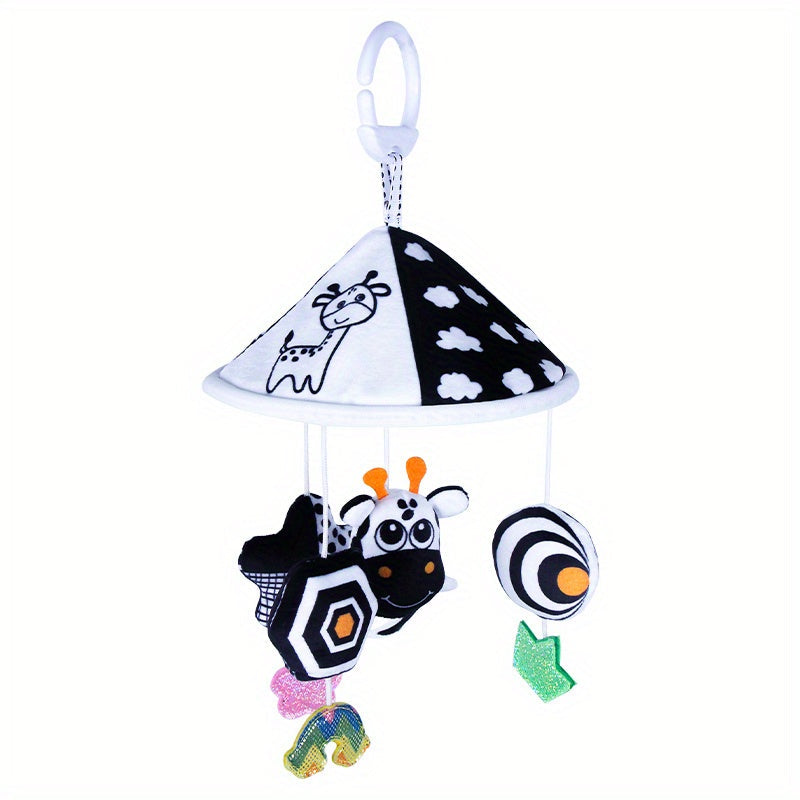 Baby toy car in black and white hanging from the baby trolley, with an umbrella wind chime for early education. The crib bell and stroller hanging umbrella bed bell pendant features black and white animal wind chimes. Additionally, there is a bed hanging